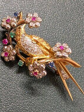 18K Yellow Gold Bird Brooch Diamonds, Emeralds, Rubies & Sapphires Estate Pin